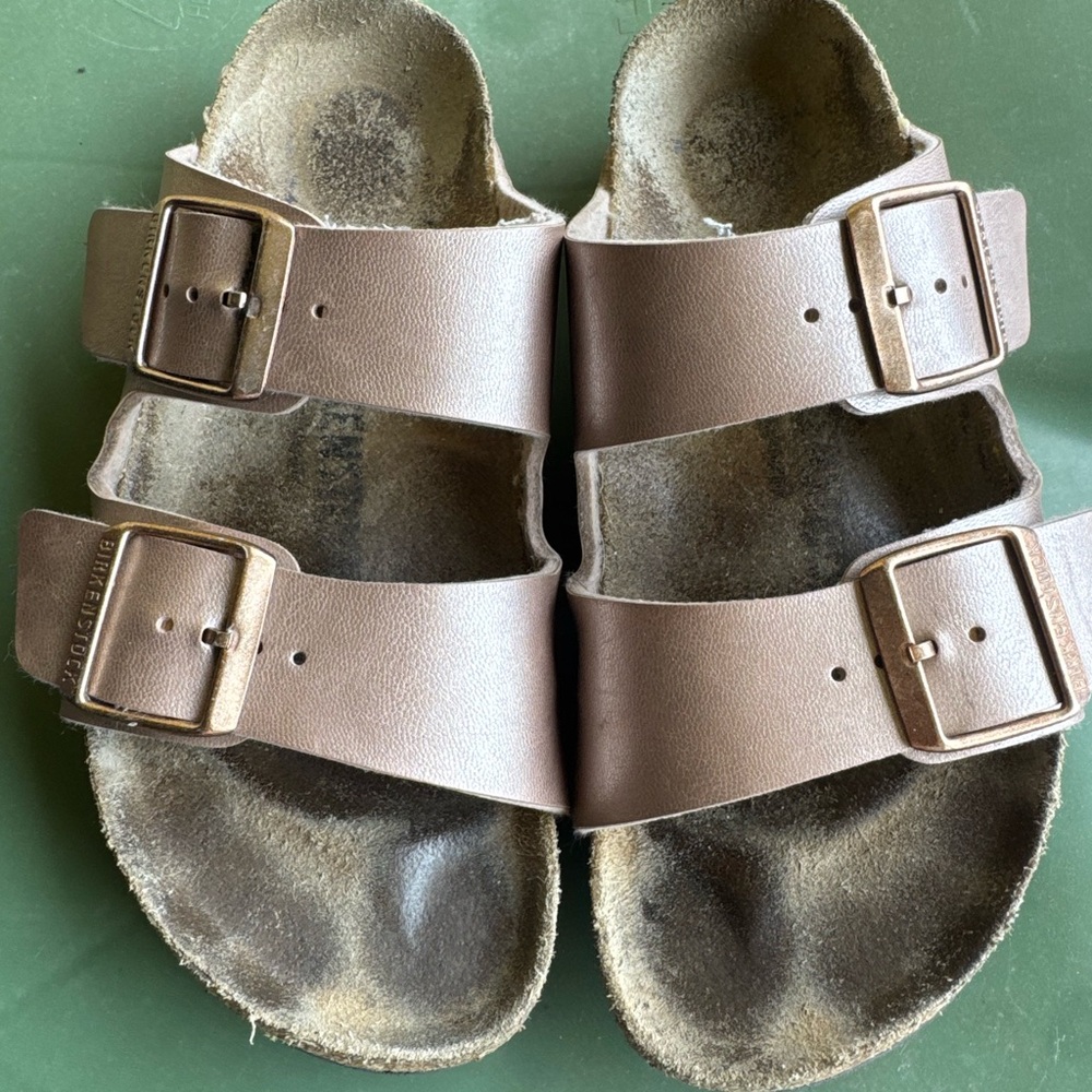 Birkenstock Two-Strap Sandals in Metallic Rose Gold